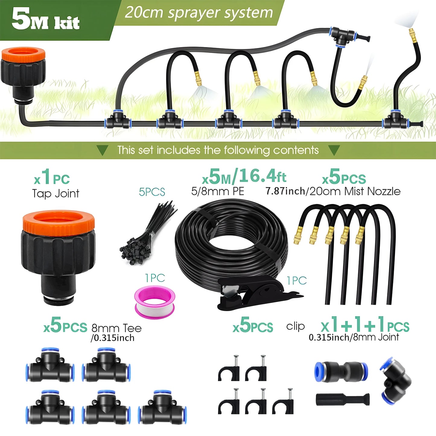 30M-5M DIY Free Bending Universal Sprayer Kit 8mm Hose Patio Misting Cooling System for Garden Plant Fogging Watering Irrigation Peaceful Pleasures Health and Wellness 5M kit