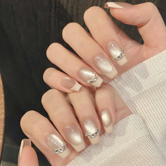 Handmade Press-On Nails Pink Gem Cat Eye French Tips | 10pcs Press-On Nails Peaceful Pleasures Health and Wellness