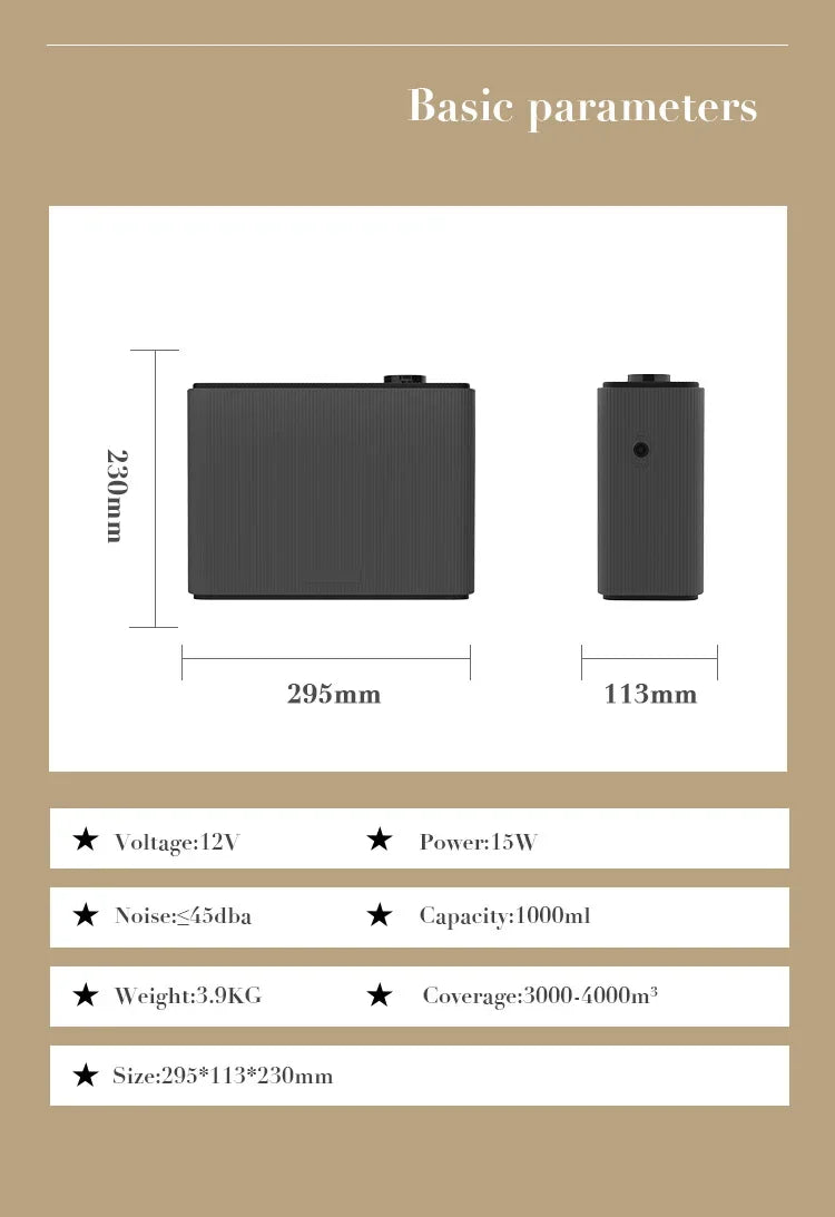 Technical specifications of a black electronic device with dimensions and features listed.