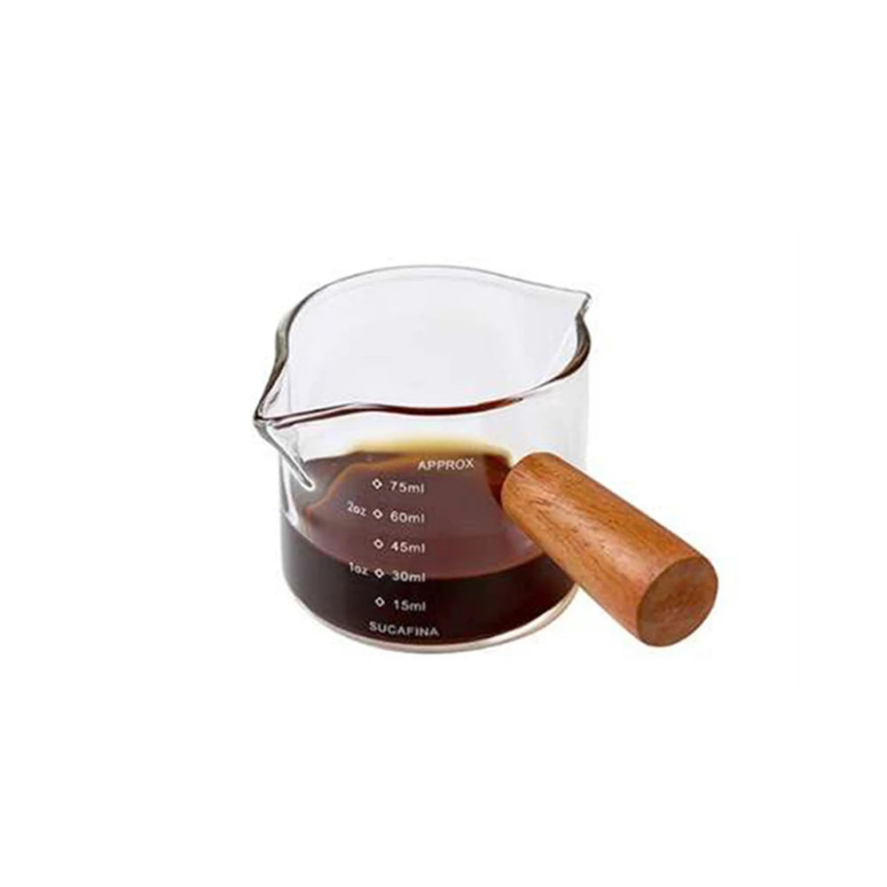 1pc Glass Measuring Cup Wood Handle Glass Espresso Measuring Cup Double Single Mouth Milk Coffee Clear Mug Coffee Supplies Peaceful Pleasures Health and Wellness double mouth 75ml