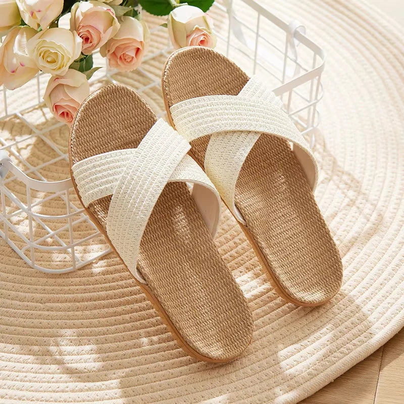 Women's Linen Cross Strap Flat Sandals | Lightweight EVA Slippers
