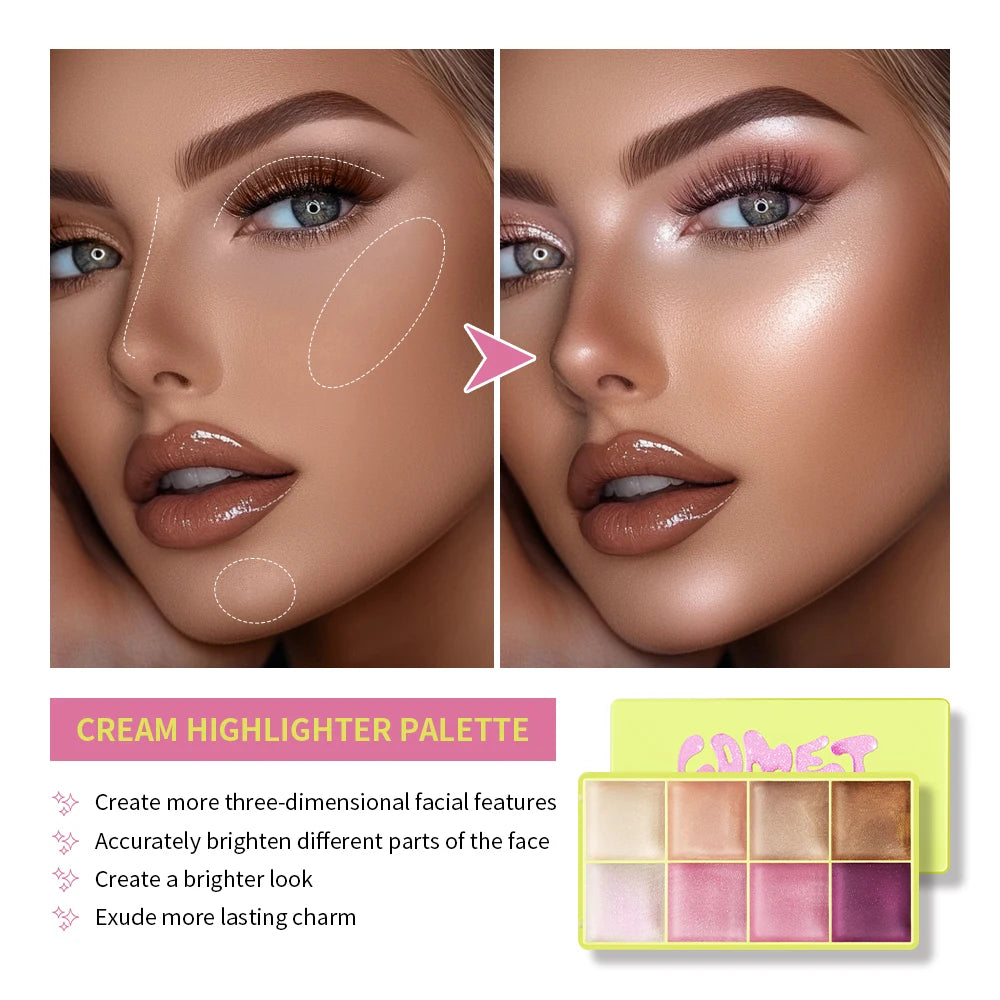 8Colors Cream Highlighter Palett Face Brighten Highlighter Blush&Contouring Shimmer Concealer Cream Makeup Tool Cosmetics Peaceful Pleasures Health and Wellness