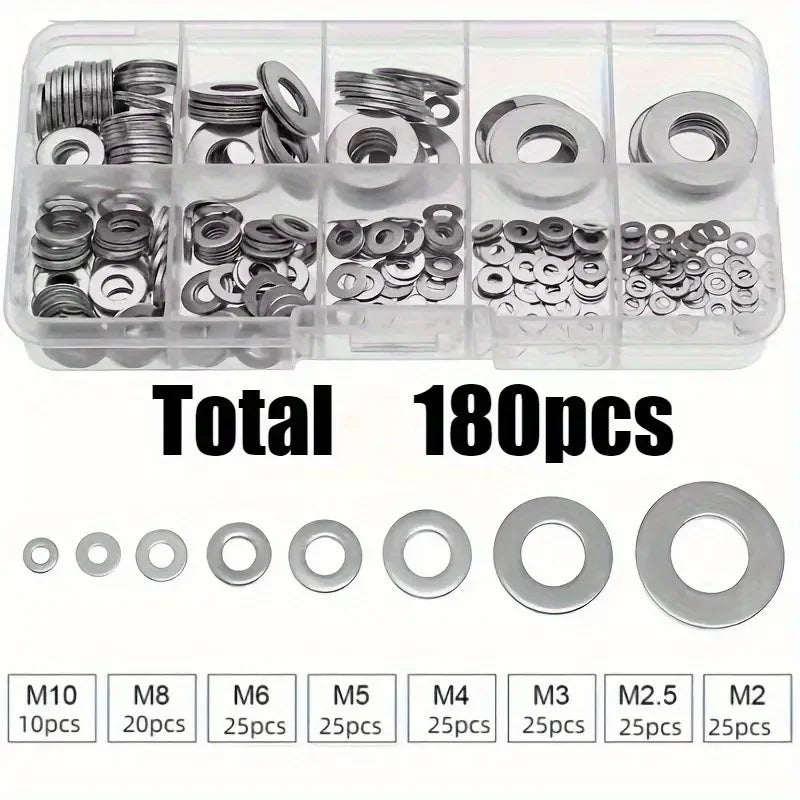 304 Stainless Steel Flat Washers Set 180/360pc – Multi-Size Peaceful Pleasures Health and Wellness 180pcs