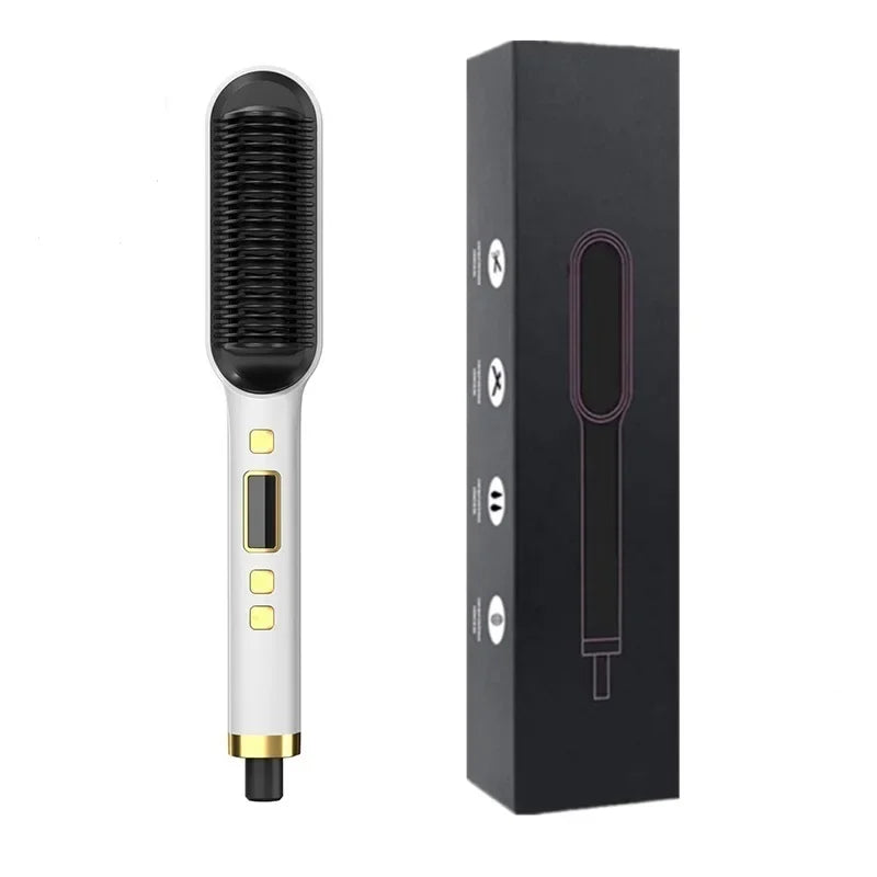 Tourmaline Ceramic Hair Straightener Brush LCD Hot Comb Wet Dry Quick Heating Curler Straightening Hair Tool Peaceful Pleasures Health and Wellness white with lcd box US