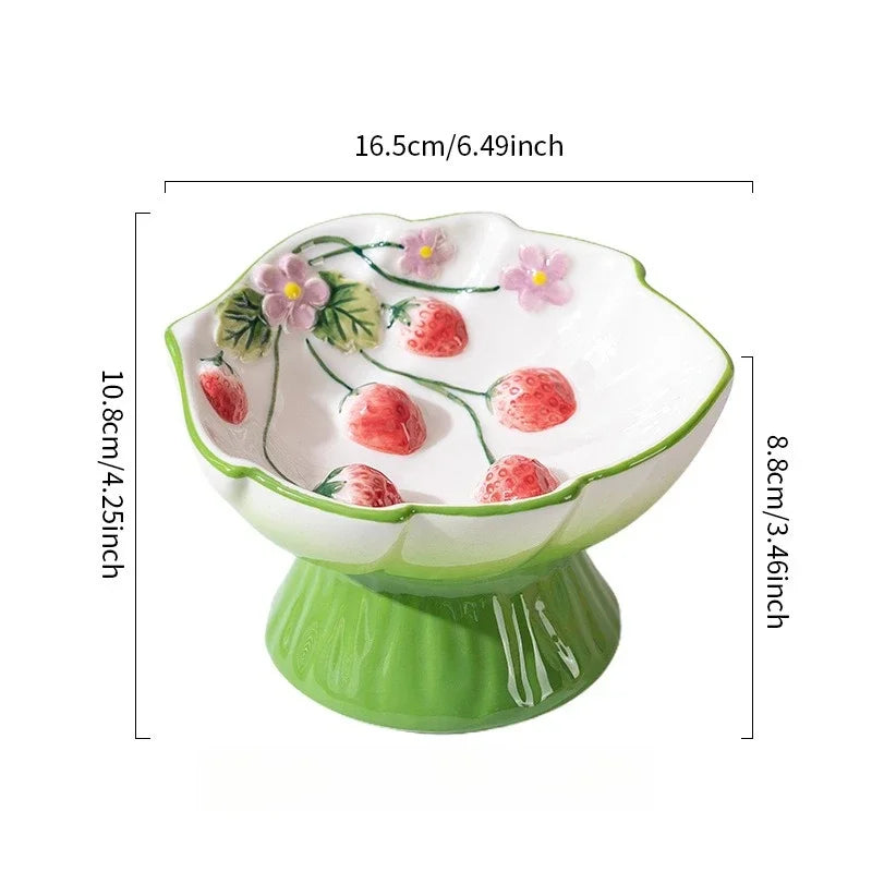 Ceramic Strawberry Slow Feeder Cat Bowl | Elevated Anti-Tip