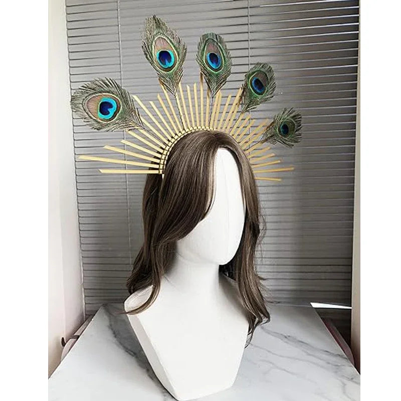 Peacock Feather Gold Halo Crown Sun Headband Hallowee Cosplay Festival Bridal Wedding Maternity Photoshoot Goddess Headpiece Peaceful Pleasures Health and Wellness