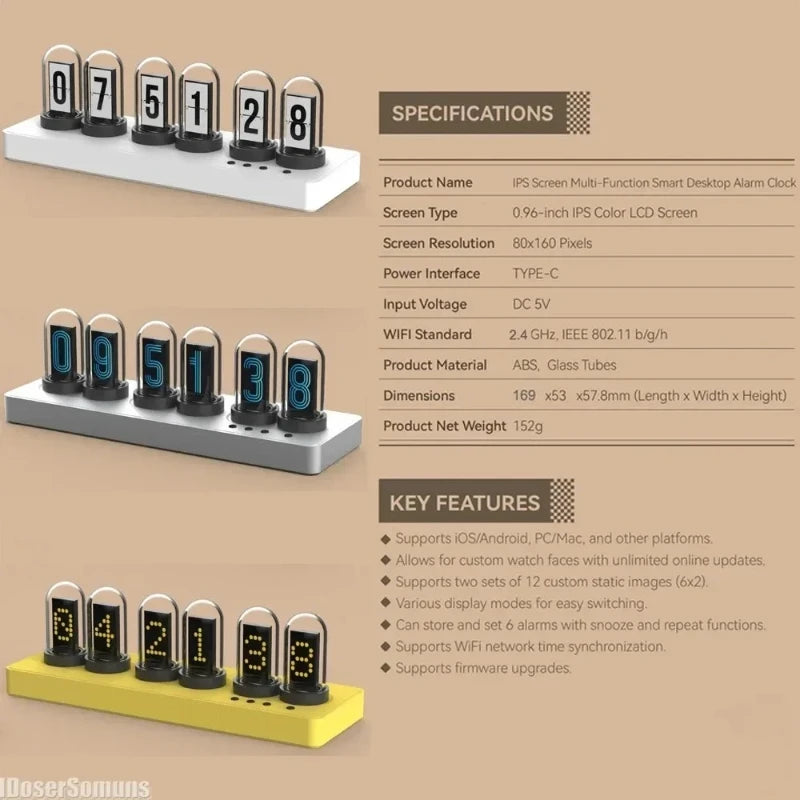WiFi RGB Nixie Tube Alarm Clock – Smart Colorful LED Desk Clock
