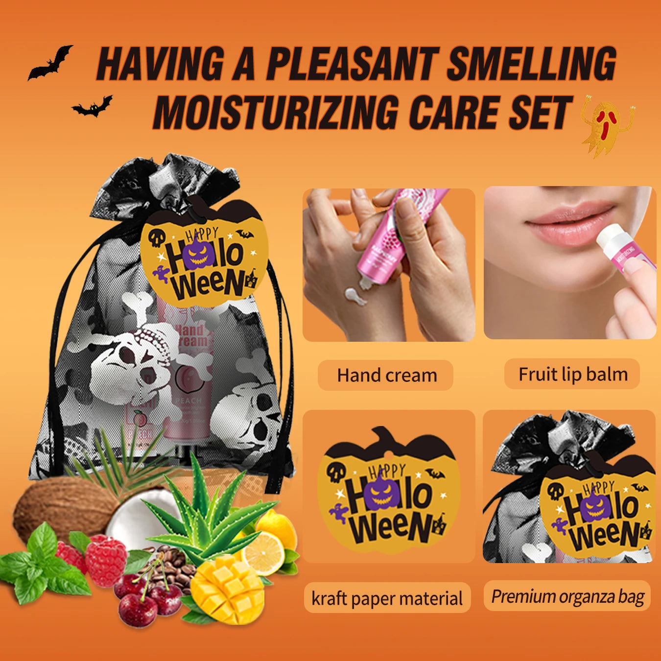 12 Halloween gift sets/box, lip balm set, hand cream set, Easter, skull mesh bag and pumpkin card, Trick or treat Peaceful Pleasures Health and Wellness