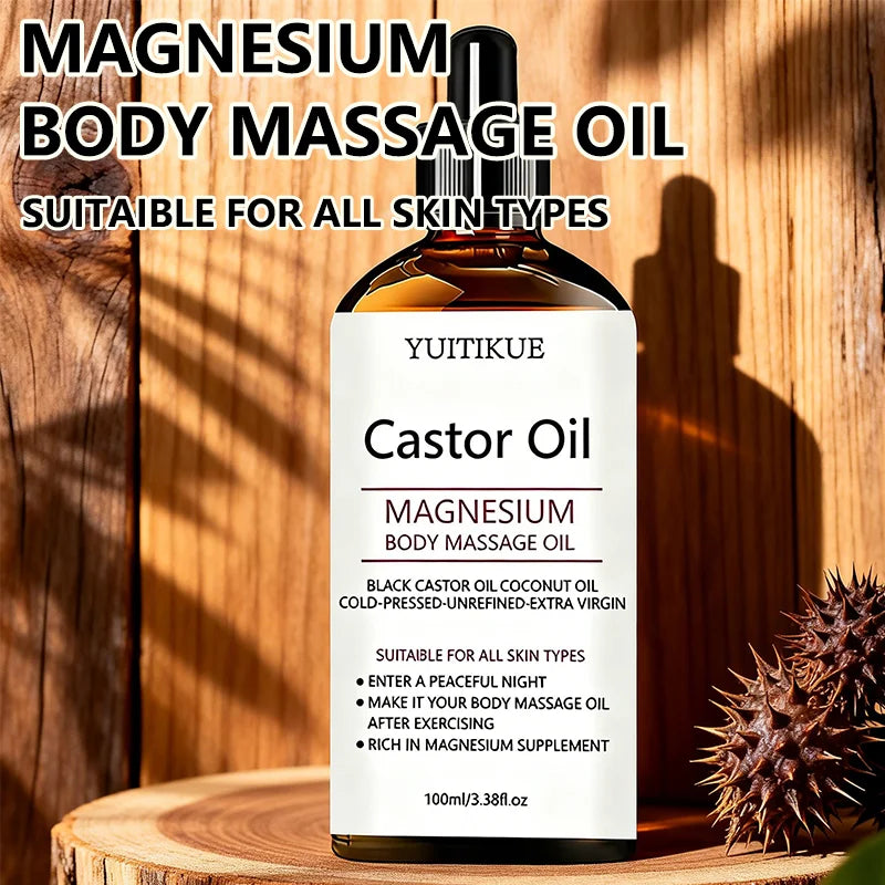 Yuitikue Castor Oil Magnesium Body Massage Oil, 100ml Cold-Pressed Black Castor & Coconut Oil for All Skin Types Peaceful Pleasures Health and Wellness