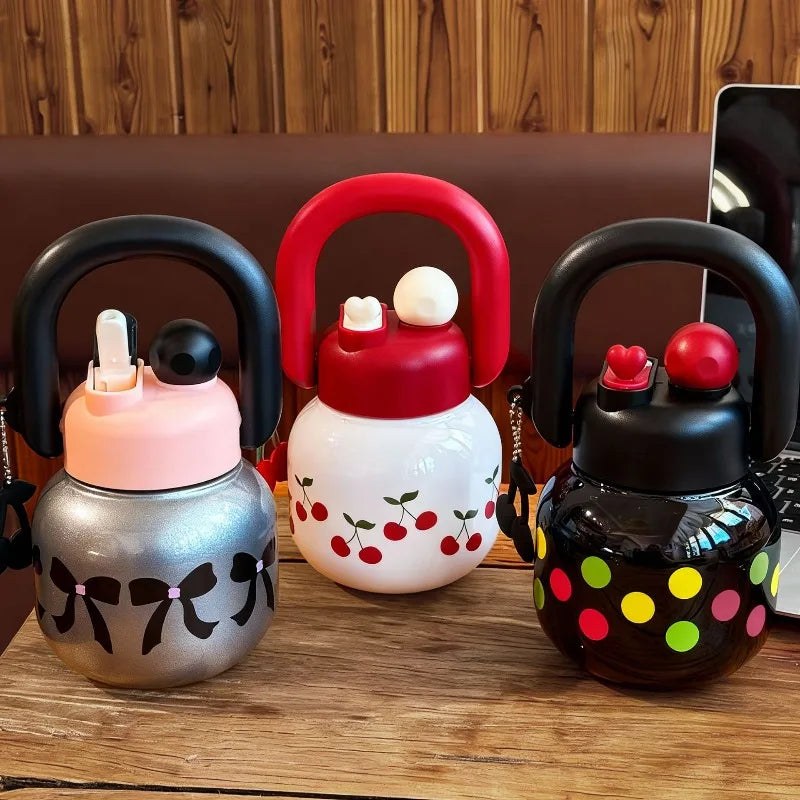 New Cute Water Bottle with Decoration, Dual Straws Design, Anti-Lipstick Stain, Detachable Travel Strap Durable Plastic Material Peaceful Pleasures Health and Wellness