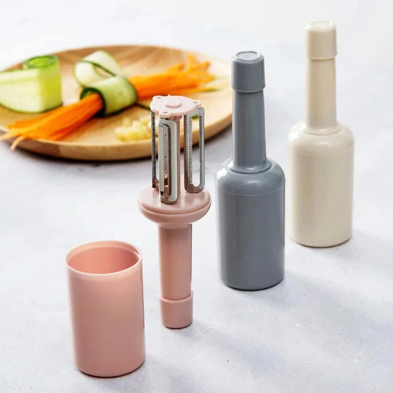 3-in-1 Bottle-Shape Vegetable Peeler & Grater – 3 Stainless Steel Blades, Protective Cover, Pink / Beige / Gray