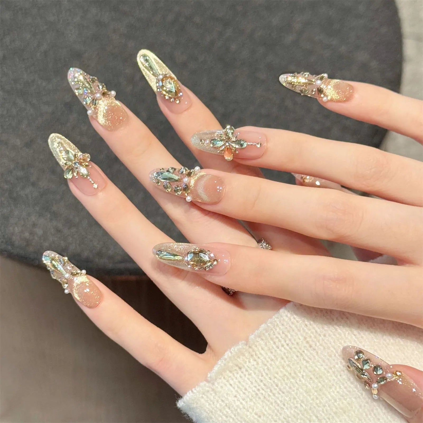 10PCS Handmade Press on Nails Champagne Zircon Diamond Almond Fake Nails Decor Wearable French Elegant Cat's Eye False Nails Art Peaceful Pleasures Health and Wellness