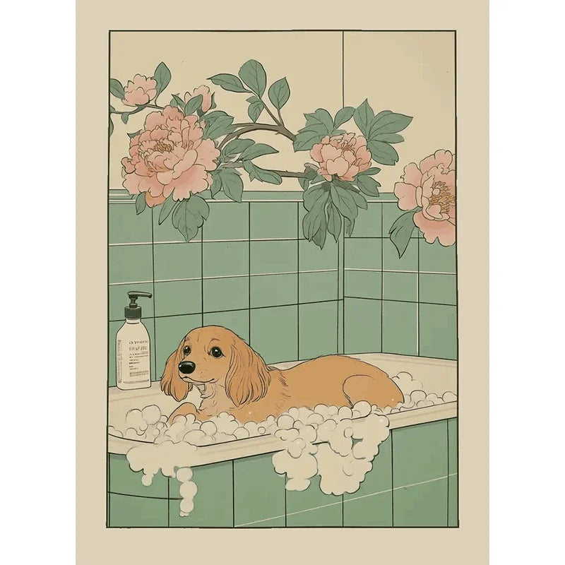 Japanese Cute Animals Bathtub Canvas Wall Art | Bathroom Decor