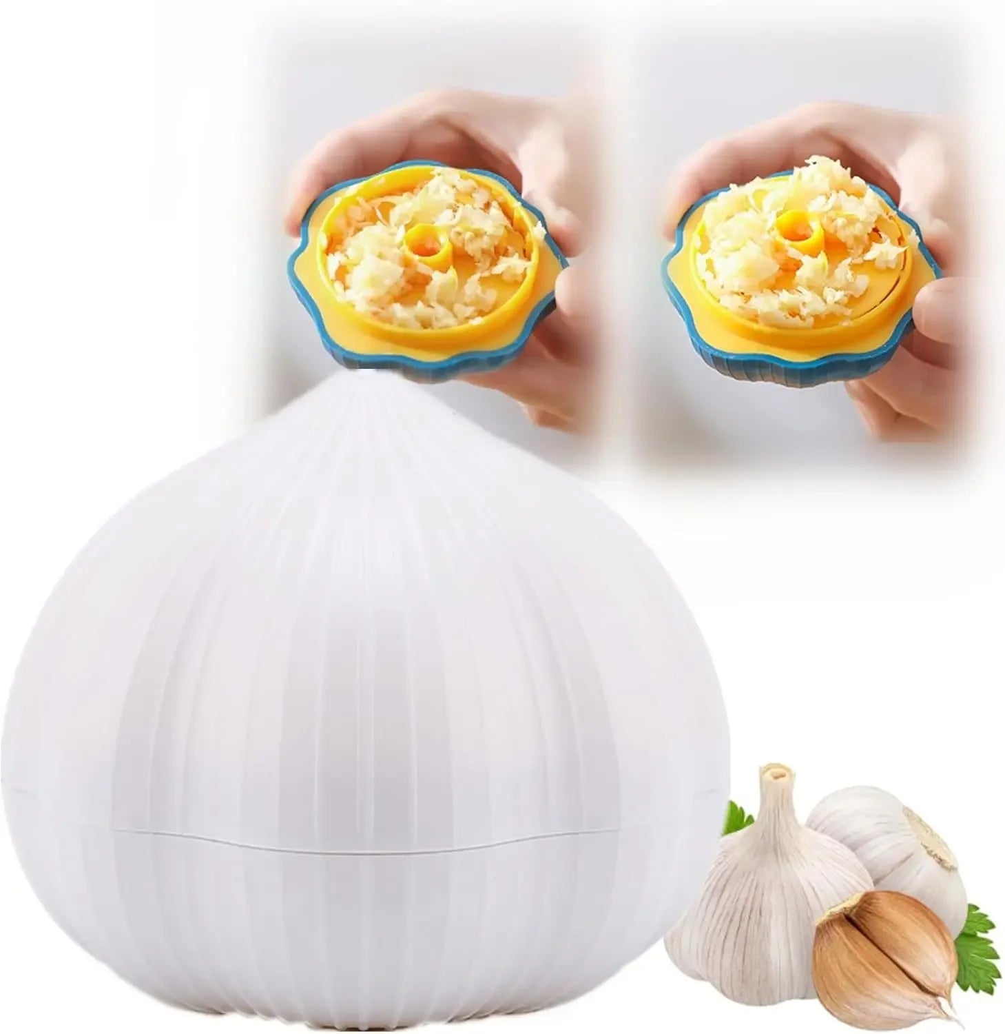Kitchen Gadgets Cute Household Garlic Shape Plastic Manual Rotary Grinding Garlic Press Mini Chopper For Chili ginger and Garlic Peaceful Pleasures Health and Wellness white