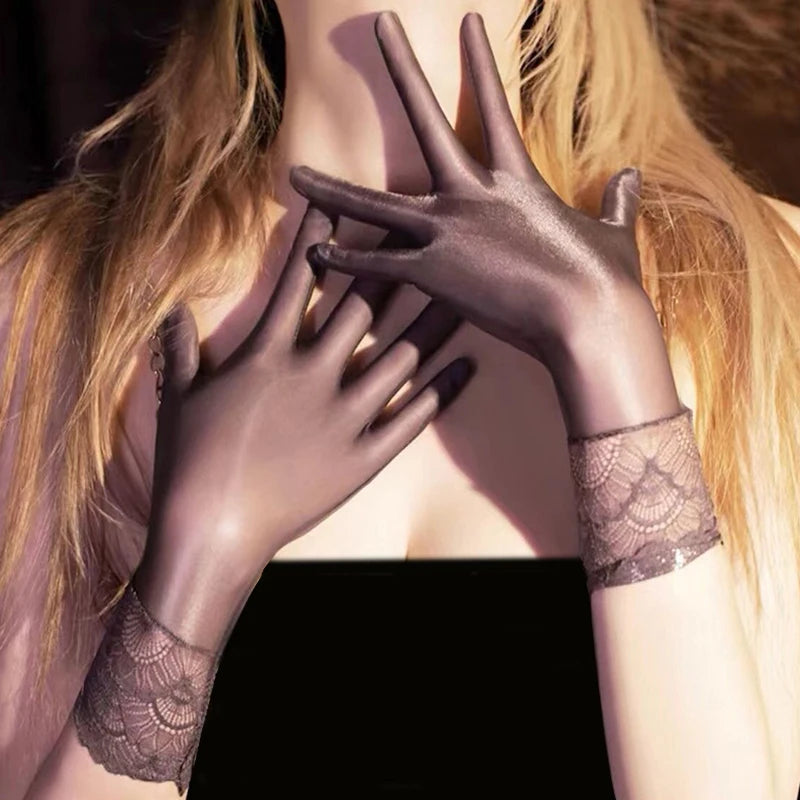 NEW Women Oil Glossy Tight Stocking Gloves Sexy High Elastic Transparent Ultra-Thin Clubwear Short Wrist Gloves Peaceful Pleasures Health and Wellness gray lace trim