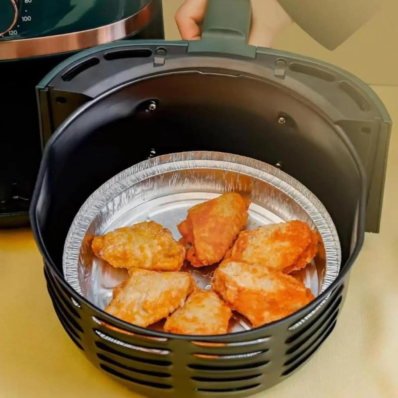 Air Fryer Sheets Liners 50 Pieces Aluminum Foil Tray Round Oil-proof Air Fryer Basket Liner For Bakeware Microwave Toaster Oven Peaceful Pleasures Health and Wellness