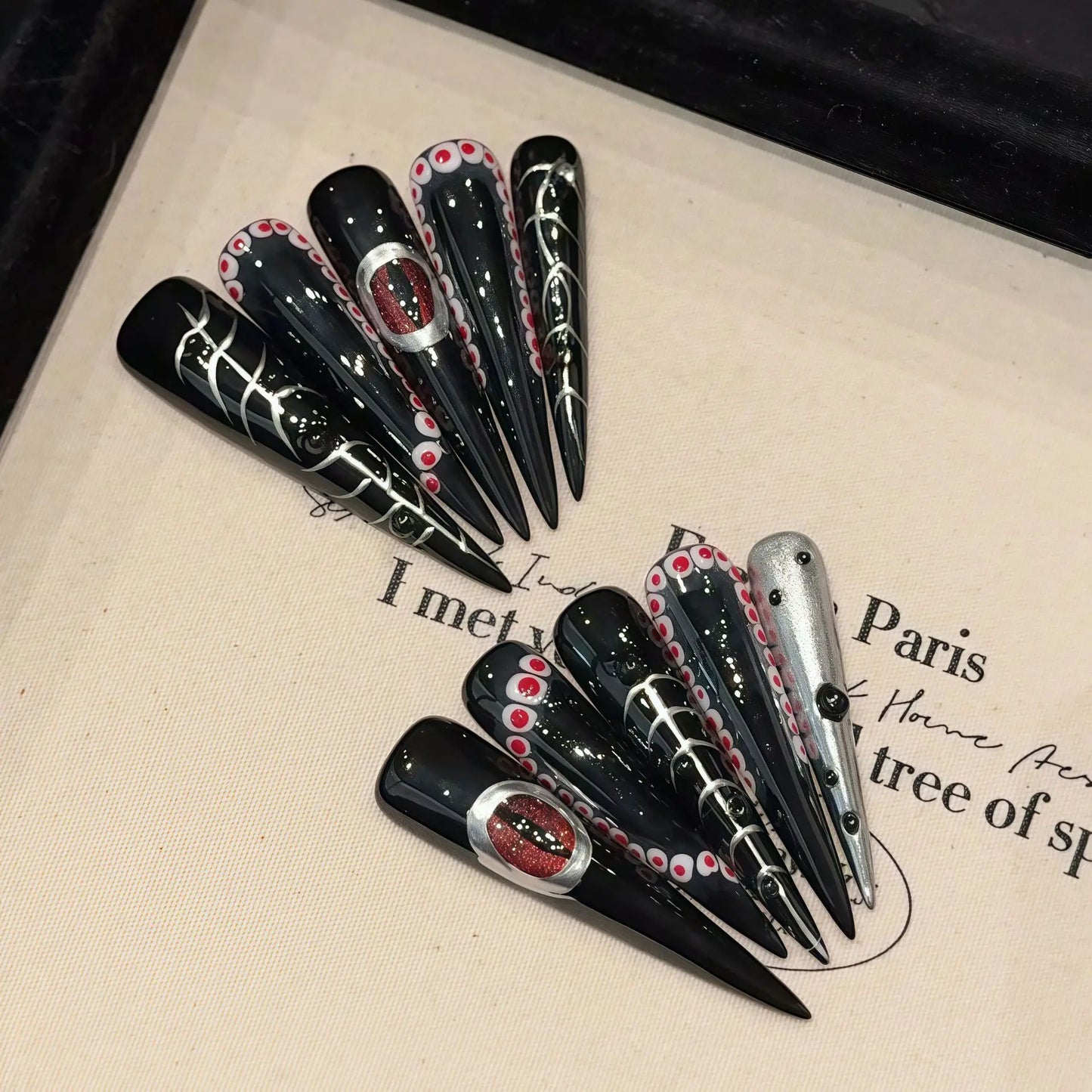 10pcs Handmade Gothic Punk Press on Nails Dark Metal Long Pointed Fake Nails for Women Girl Wearable Spice Girl False Nail Tips Peaceful Pleasures Health and Wellness L