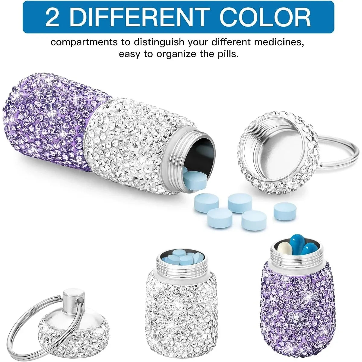 Bling Keychain Pill Box 2 Compartments Small Travel Pill Case Organizer Crystal Diamond Medicine Bottle Pill Bottle Keychain Peaceful Pleasures Health and Wellness