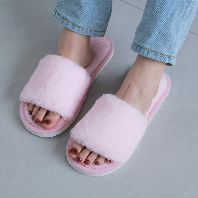 Women's Leopard Plush Open Toe Slippers | Cozy Fuzzy Indoor