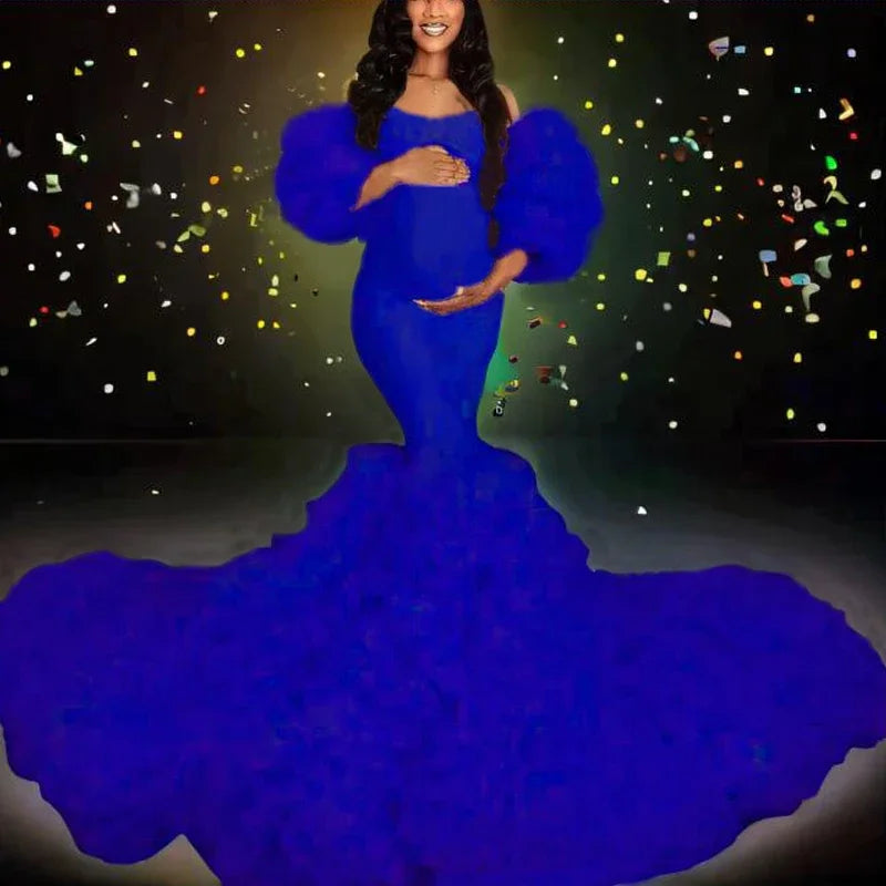Hot Maternity Dresses Photoshoot Tulle Maxi Gown Baby Shower Ruffles Платье Для Беременных Ropa Платье Вечернее Peaceful Pleasures Health and Wellness BLUE US 22W