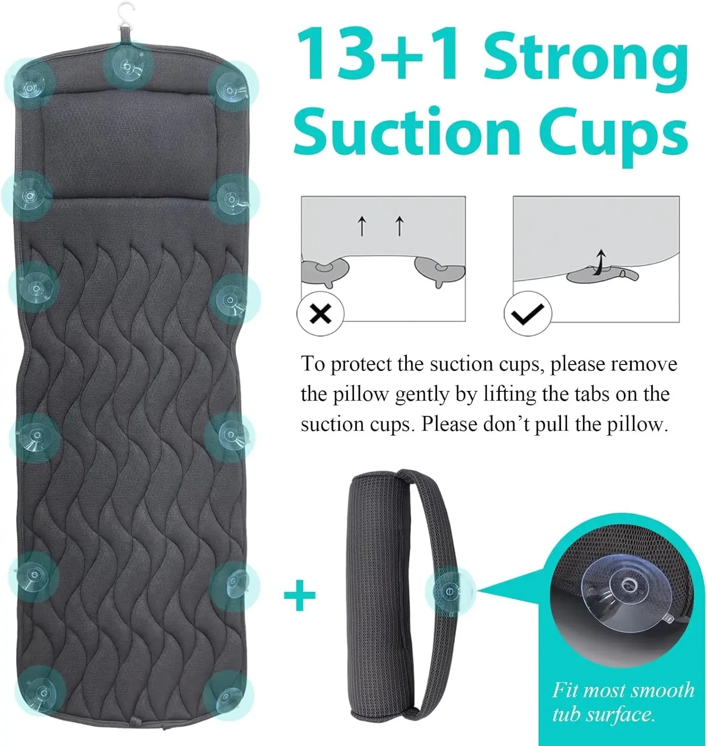 Full Body Bath Pillow with Adjustable Lumbar Support, 14 Suction Cups, Air Mesh Cushion for Any Tub - Gray Peaceful Pleasures Health and Wellness