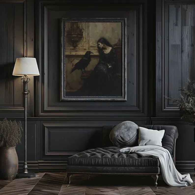 Dark Moody Victorian Witch Canvas Wall Art | Raven Skull Print
