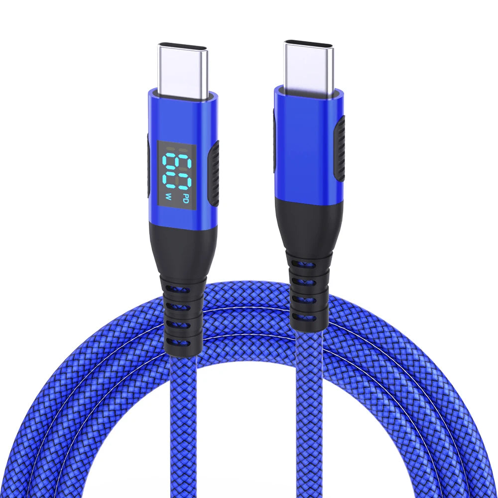 100W USB-C Fast Charging Cable with LED Display | 1M 2M 3M Peaceful Pleasures Health and Wellness Blue 60W 3m