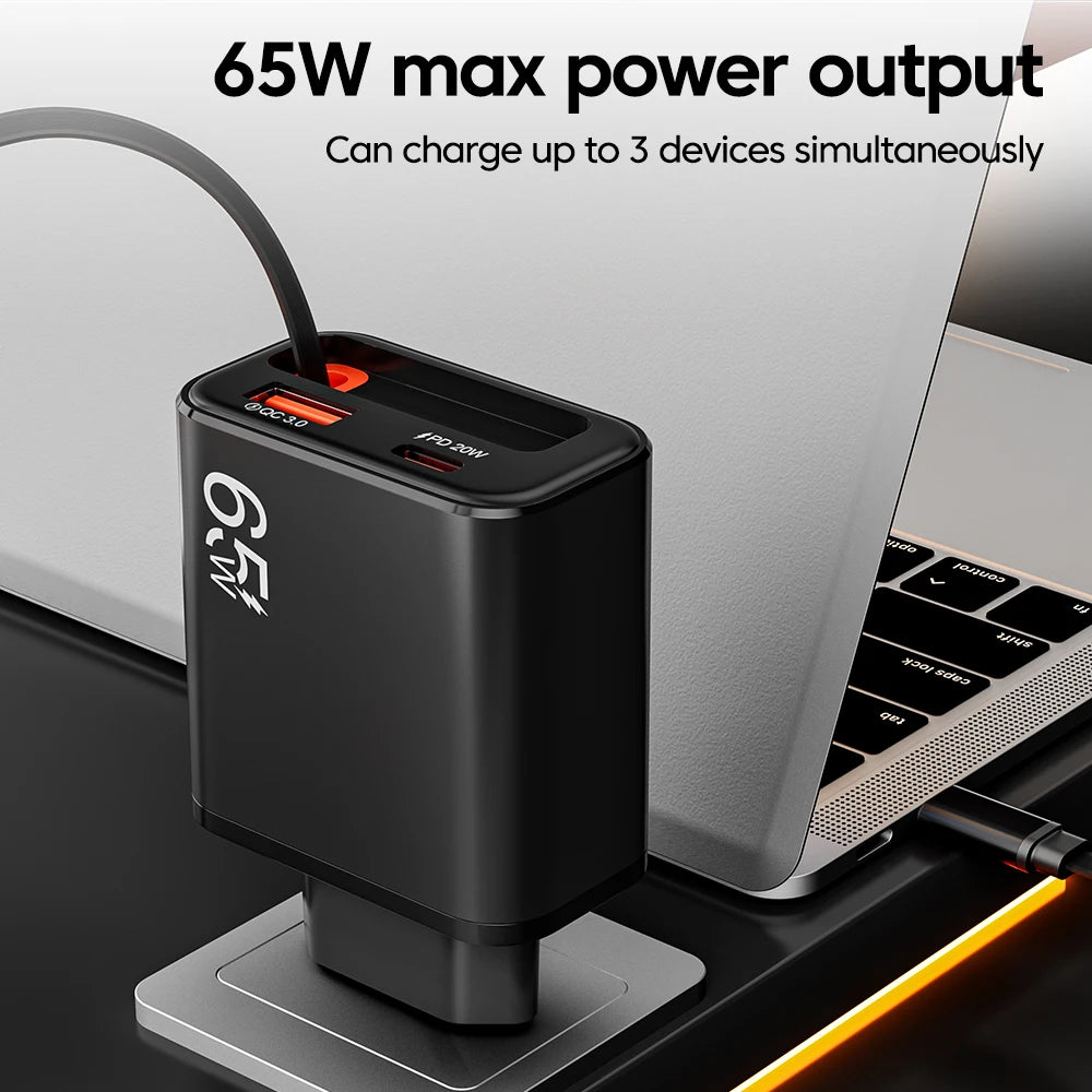 65W GaN Charger 3-Port PD QC3.0 Retractable USB-C Cable