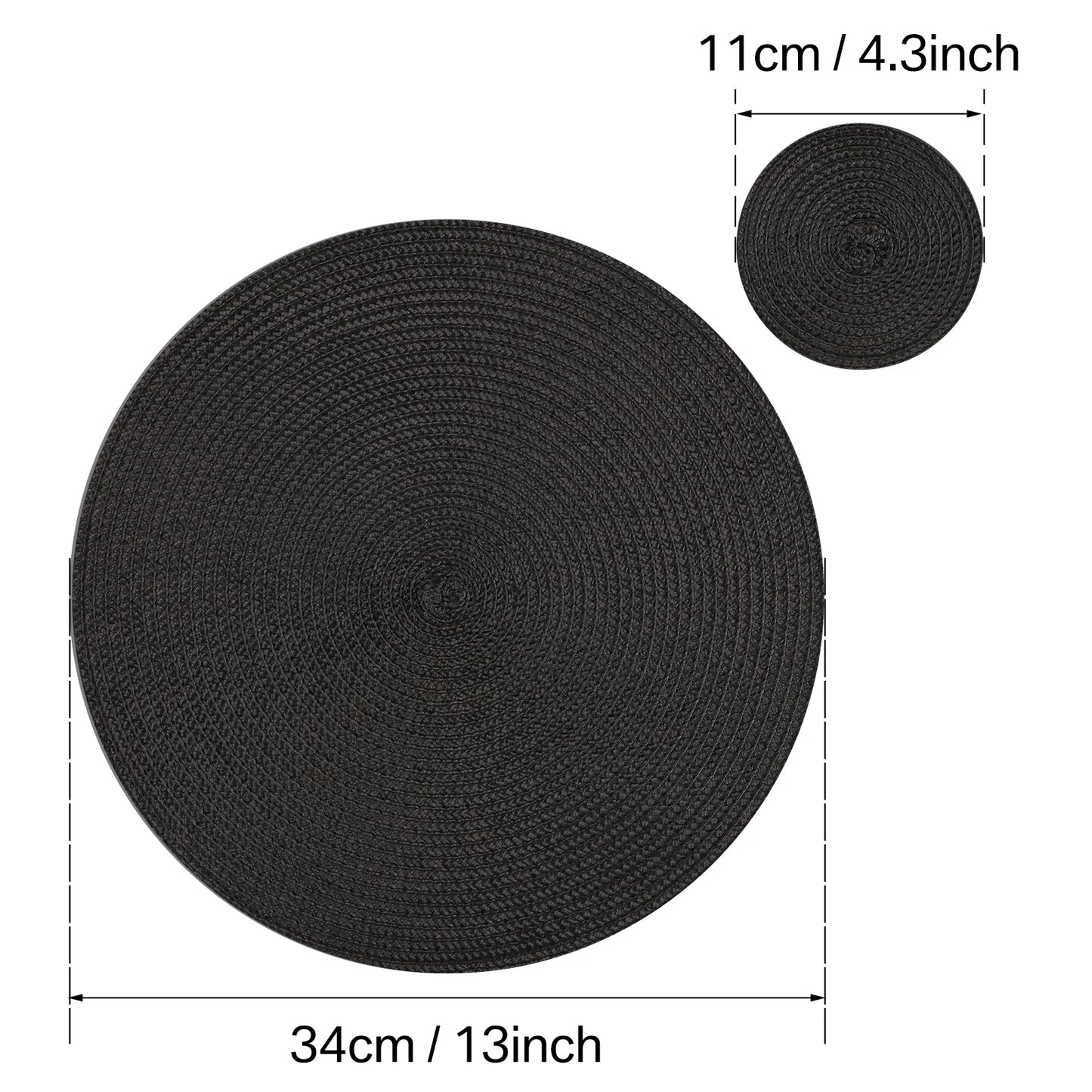 33.5CM Round Placemats Set of 6 Small Circle PP Place Mats Washable Table Mats for Dining Table Woven Heat Resistant Placemats Peaceful Pleasures Health and Wellness A Black Set of 6