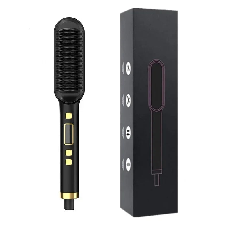 Hair Straightener Brush Anti-Scald Ionic Hair Straightener Comb LED Screen Fast Heating Straightening Brush Women Hairstyle Tool Peaceful Pleasures Health and Wellness Black AU