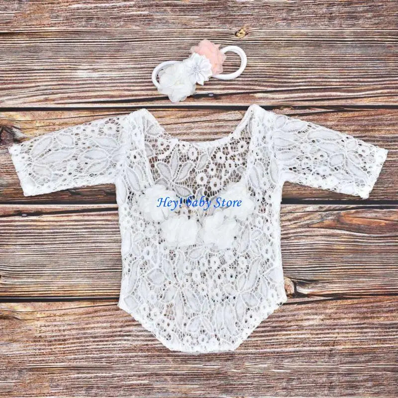 Baby Girl Lace Romper & Flower Pearl Headband Photography Set