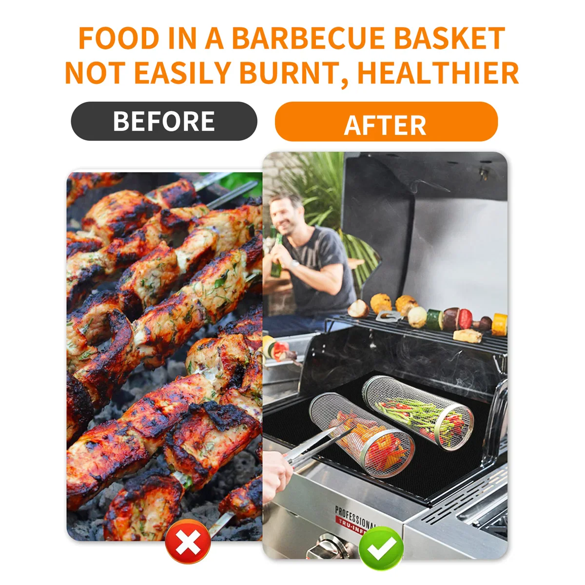 Rolling BBQ Grill Basket – Stainless Steel Cylinder Mesh Drum