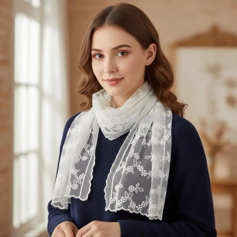 Retro Floral Lace Scarf – Breathable Mesh Shawl for Women