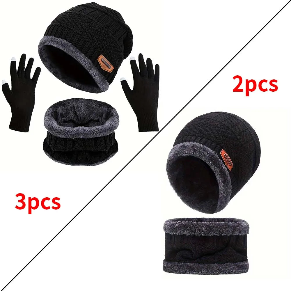 1Set Warm & Soft Winter Fleece-lined Knitted Hat, Scarves And Touch Screen Gloves 3-Piece Set ,Perfect Ear & Neck Warmer Peaceful Pleasures Health and Wellness Black 3 piece set