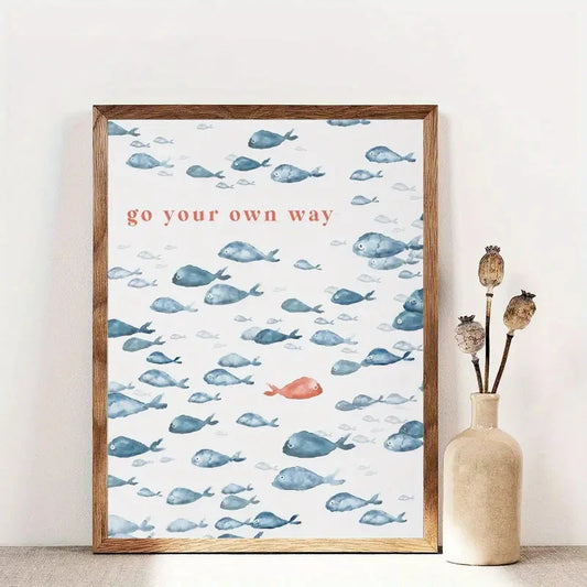 1pc "Go Your Own Way" Fish Pattern Canvas Poster Wall For Living Room Bedroom, Home Office Indoor/Outdoor Use Coastal Home Decor Peaceful Pleasures Health and Wellness G2976 40x50cm Black Frame