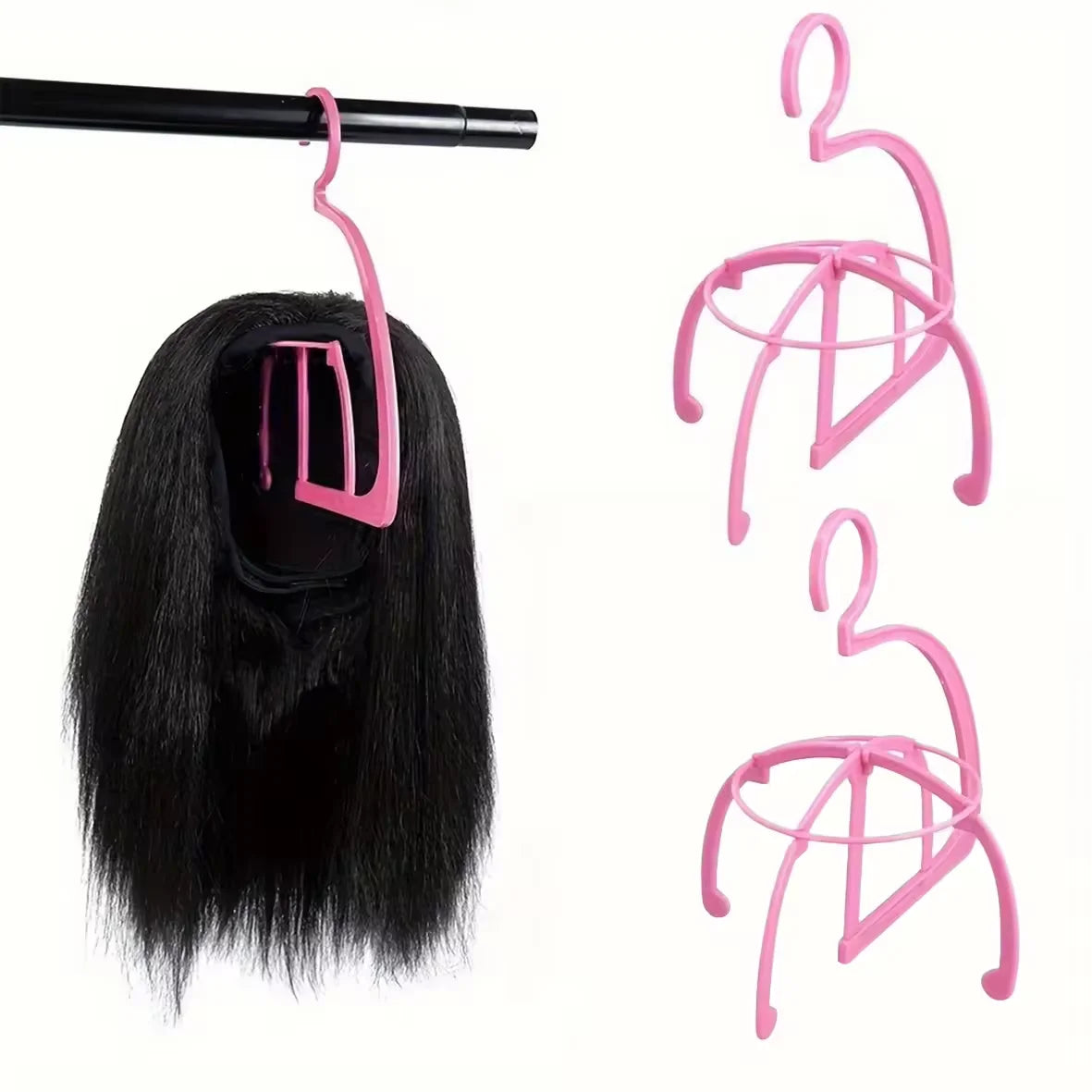 Pink Portable Hanging Wig Stand & Dustproof Organizer Rack