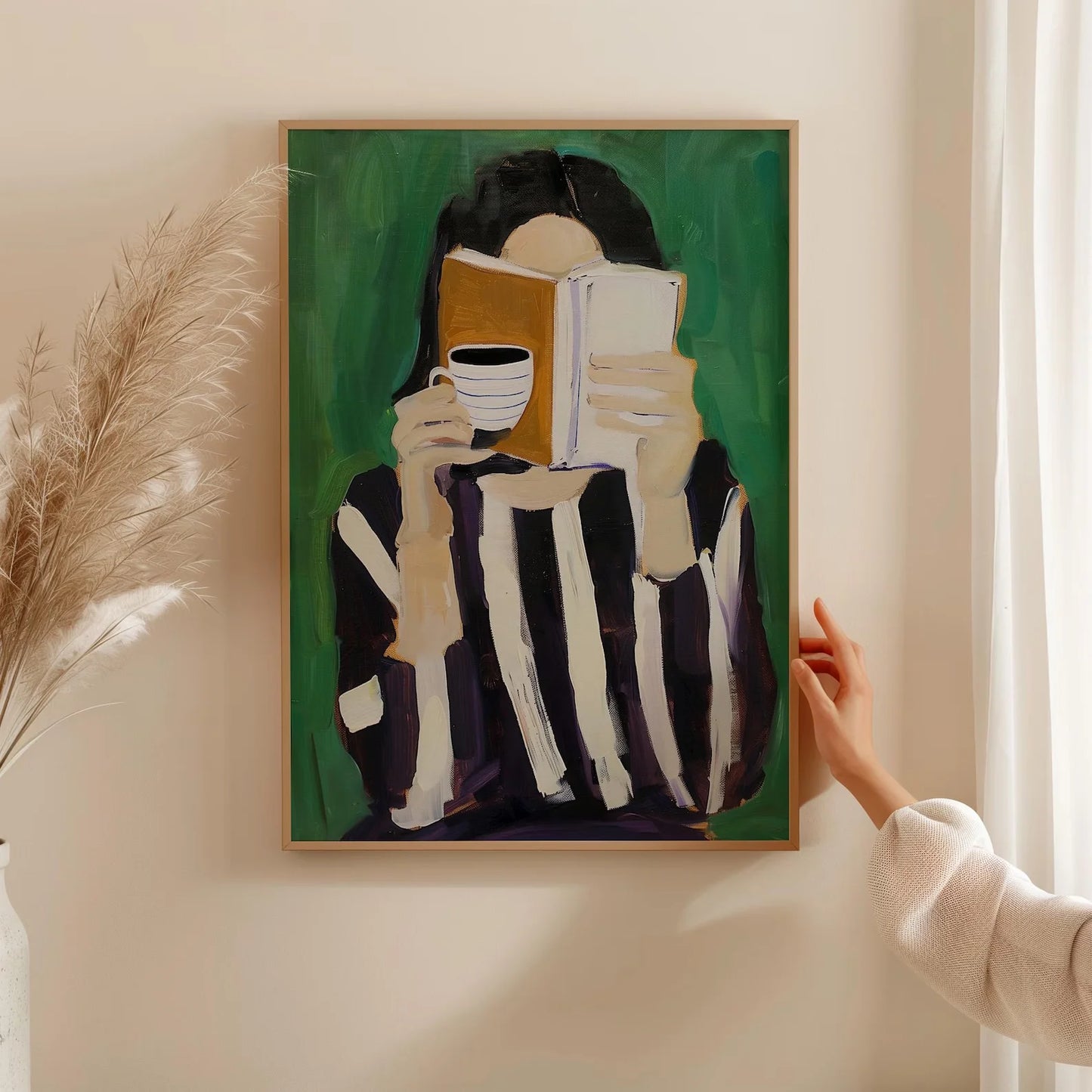 Emerald Green Reading Woman Canvas Wall Art | Minimalist Print