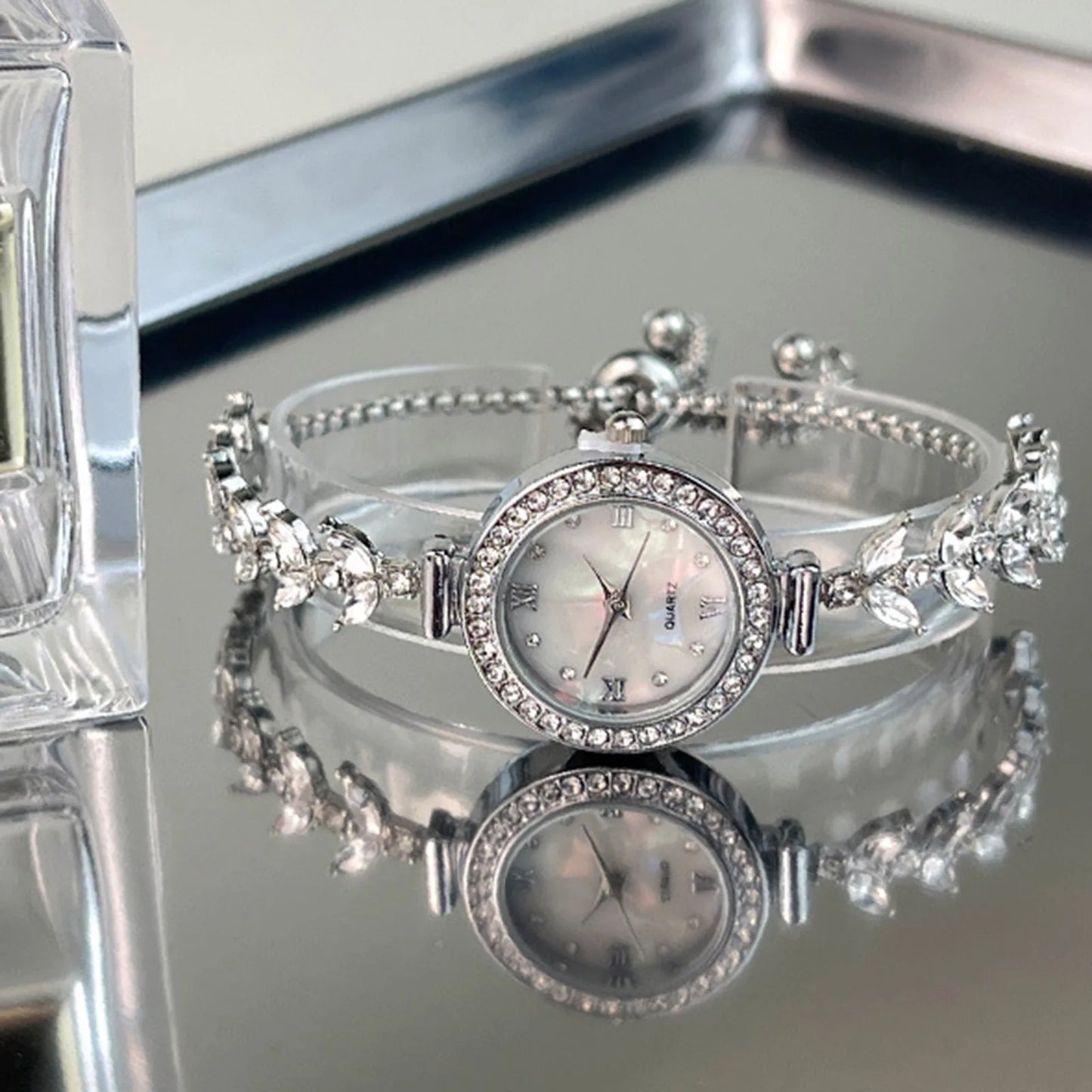 Mermaid Design Diamond Inlaid Bracelet Watch Women Adjustable Strap Quartz Wristwatch Faux Mother of Pearl Golden Ladies Watch Peaceful Pleasures Health and Wellness