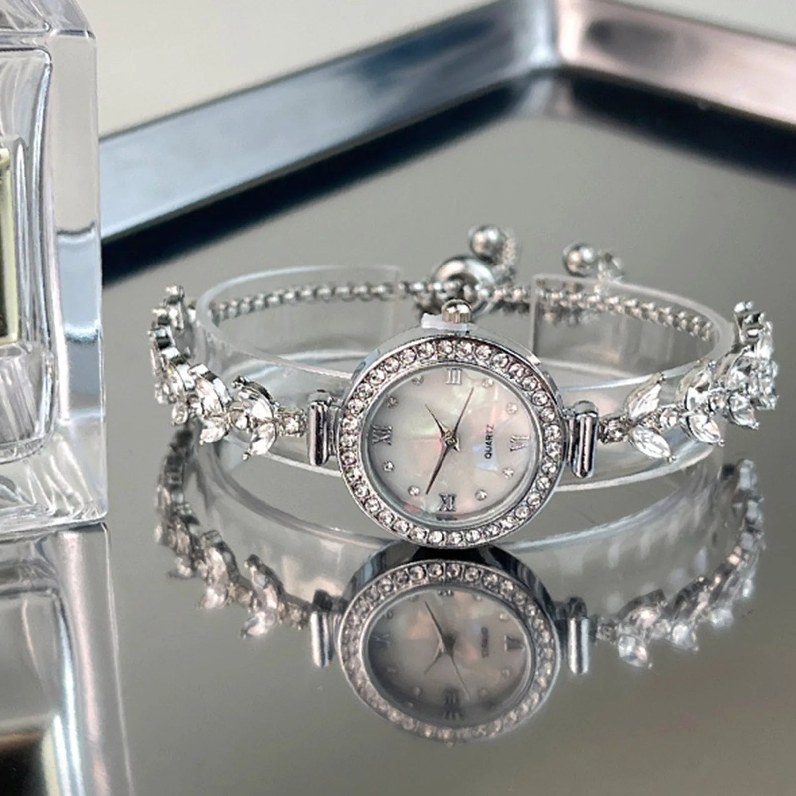 Mermaid Design Diamond Inlaid Bracelet Watch Women Adjustable Strap Quartz Wristwatch Faux Mother of Pearl Golden Ladies Watch Peaceful Pleasures Health and Wellness