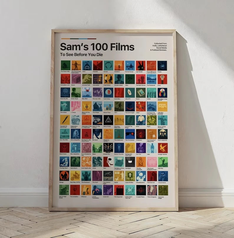 100 Movies Bucket List Canvas Wall Art | Film Lover Gift