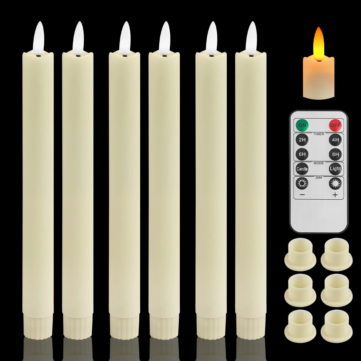 Pack of 6/12/24pc LED Flameless Flickering Taper Candles with Remote Ivory Candlesticks for Xmas Wedding Fireplace Decoration Peaceful Pleasures Health and Wellness 6pc Ivory A