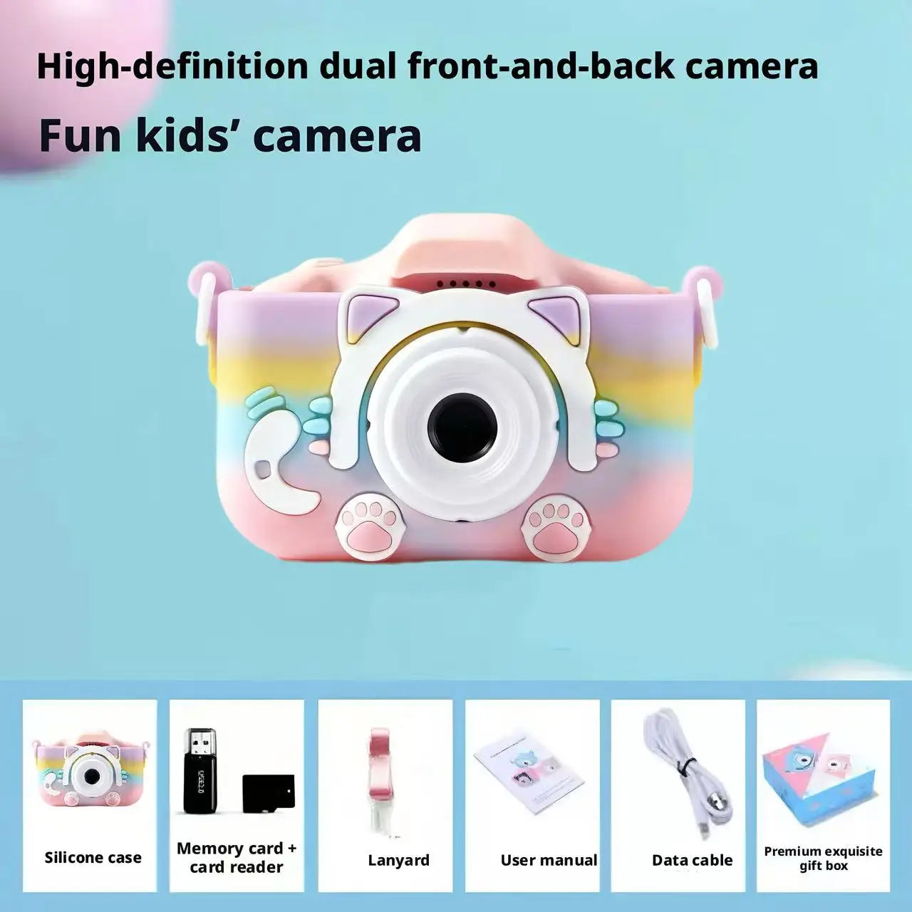 Cute Cartoon Kids Digital Camera HD Dual Lens 128G Portable Mini Children Camera Photo Video Recorder Toy for Boys Girls Gift Peaceful Pleasures Health and Wellness Rainbow Cat