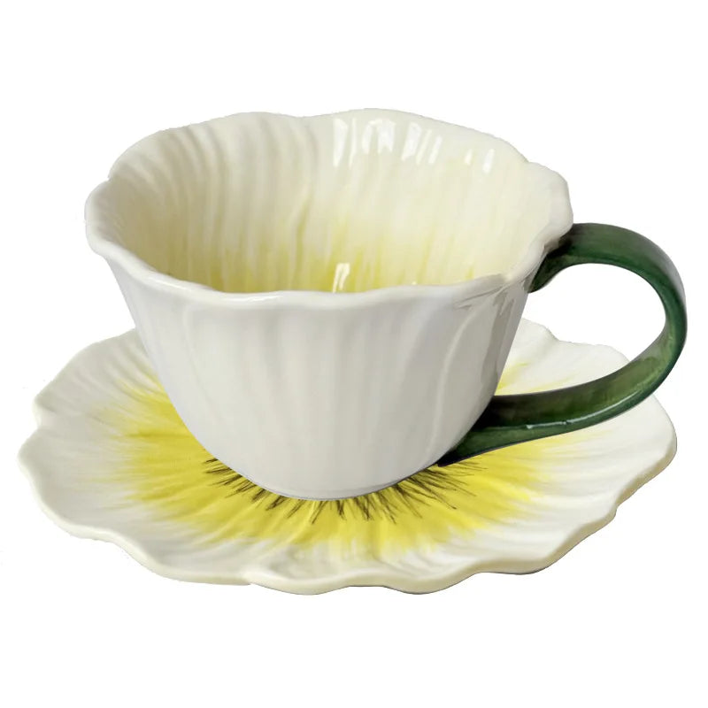 Creative Hand Painted Underglaze Flower Ceramic Coffee Cup and Plate French Retro Petal Afternoon Tea with Cup and Plate Gifts Peaceful Pleasures Health and Wellness