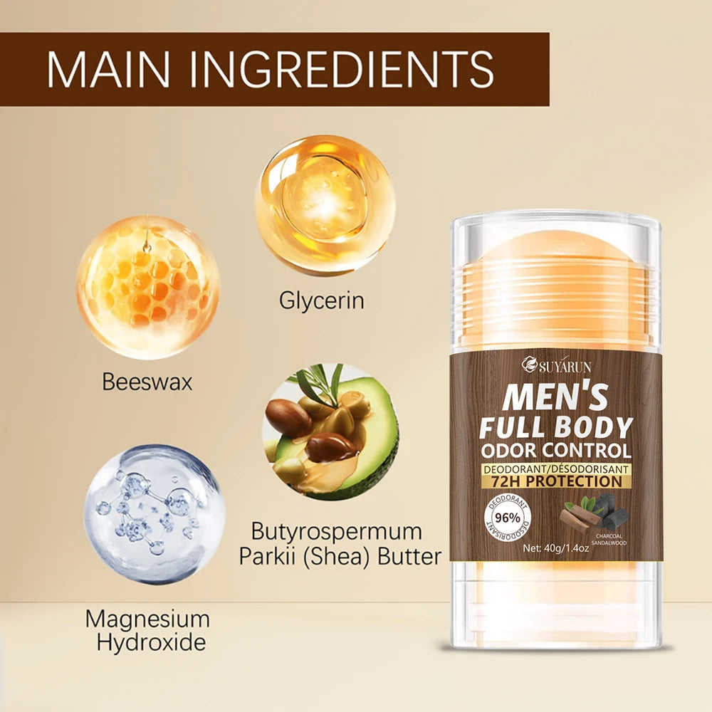 SUYARUN Men's Natural Deodorant Stick for Full Body Odor Protection, 72H Freshness, Sensitive Skin Safe, Travel-Friendly. Peaceful Pleasures Health and Wellness