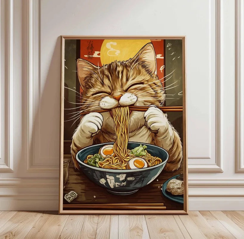 Black Cat Ramen Japanese Food Noodle Ginger Cat Poster Print Wall Art Pictures Canvas Painting Living Room Home Wall Decoration Peaceful Pleasures Health and Wellness TL2900 20x30cm Unframed