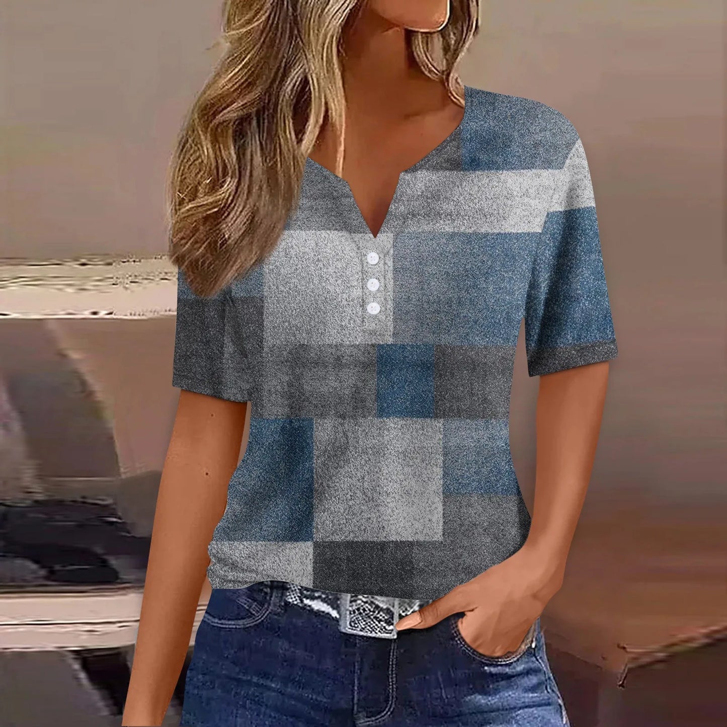 2024 Summer Patchwork T-Shirts Button Tops Womens Casual Short Sleeve Loose Ladies V-Neck Female Street Clothes Pullover Peaceful Pleasures Health and Wellness Royal Blue L