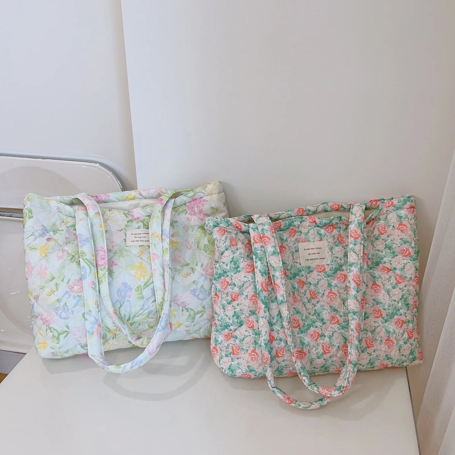 French Floral Quilted Tote Bag for Women Large Capacity Shoulder Handbag with Cotton Li-ning Stylish Mommy and Book Bag Peaceful Pleasures Health and Wellness