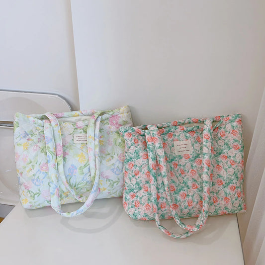 French Floral Quilted Tote Bag for Women Large Capacity Shoulder Handbag with Cotton Li-ning Stylish Mommy and Book Bag Peaceful Pleasures Health and Wellness