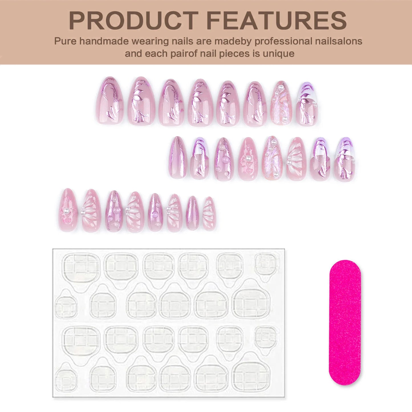 24pcs 3D Flower Press On Nails | Purple Aurora Almond Shape