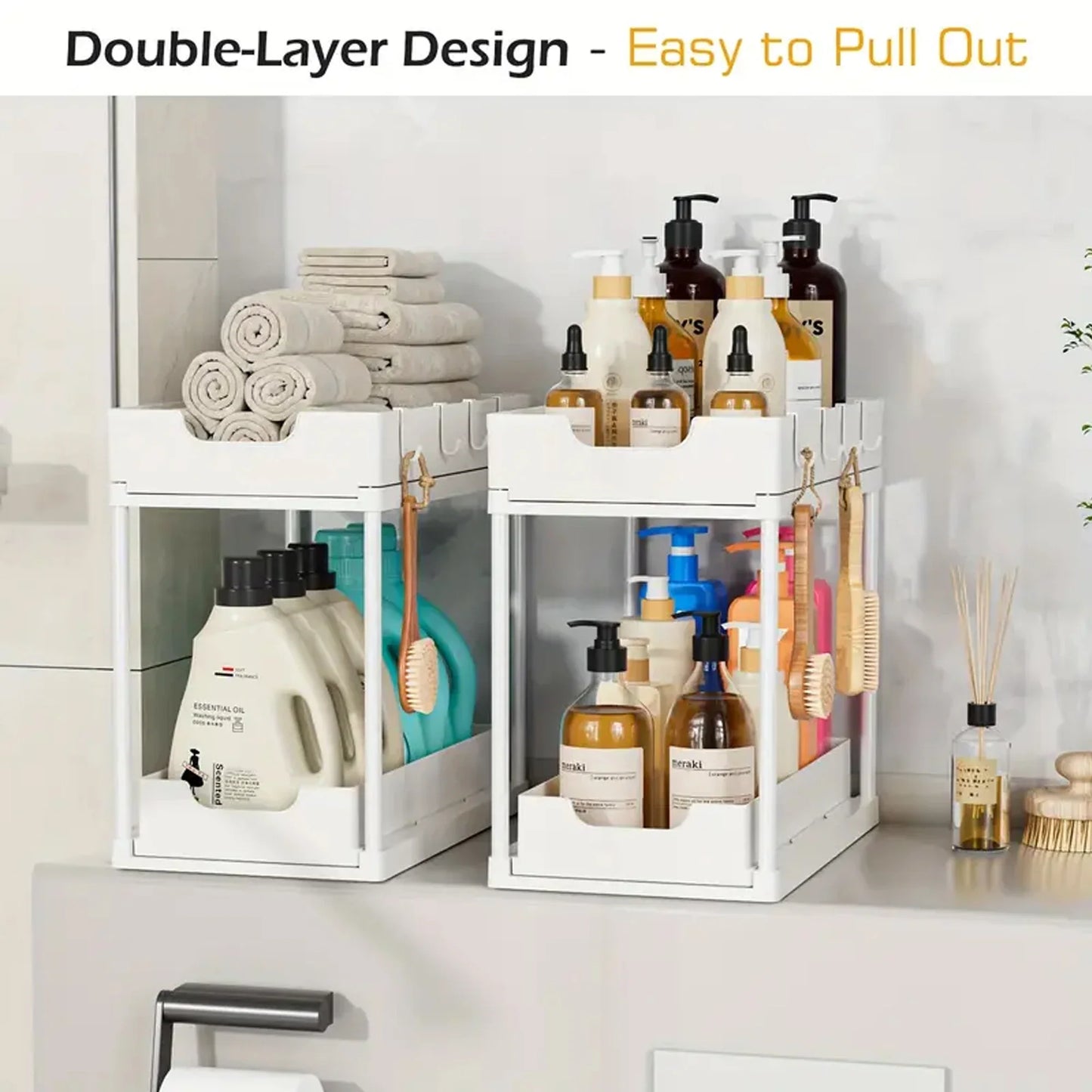 Double-Layer Pull-Out Under-Sink Organizer Rack with 5 Hooks